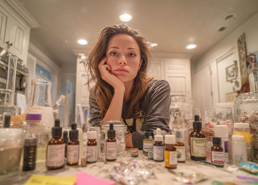 woman looking overwhelmed at all the supplements she is surrounded by