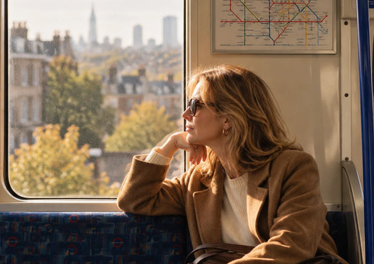 A woman in a camel coat sitting on a London Underground train, looking out of the window at the city