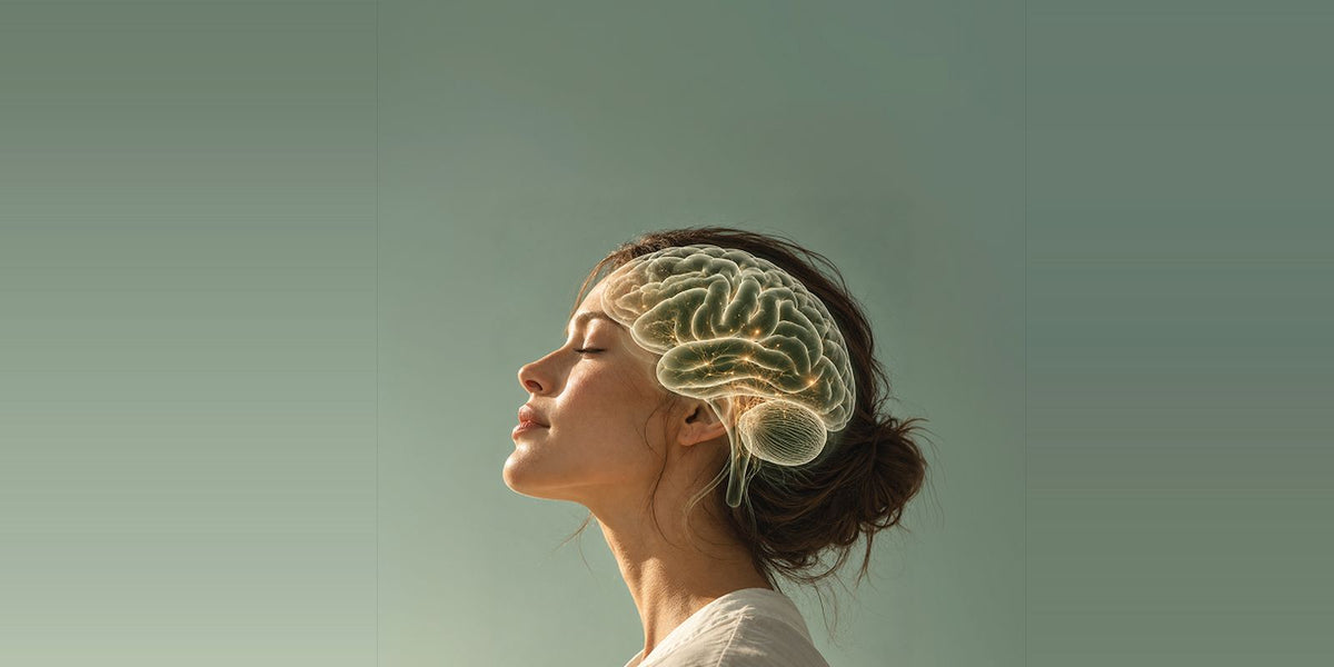 A woman in profile with an illustration of the brain over her head